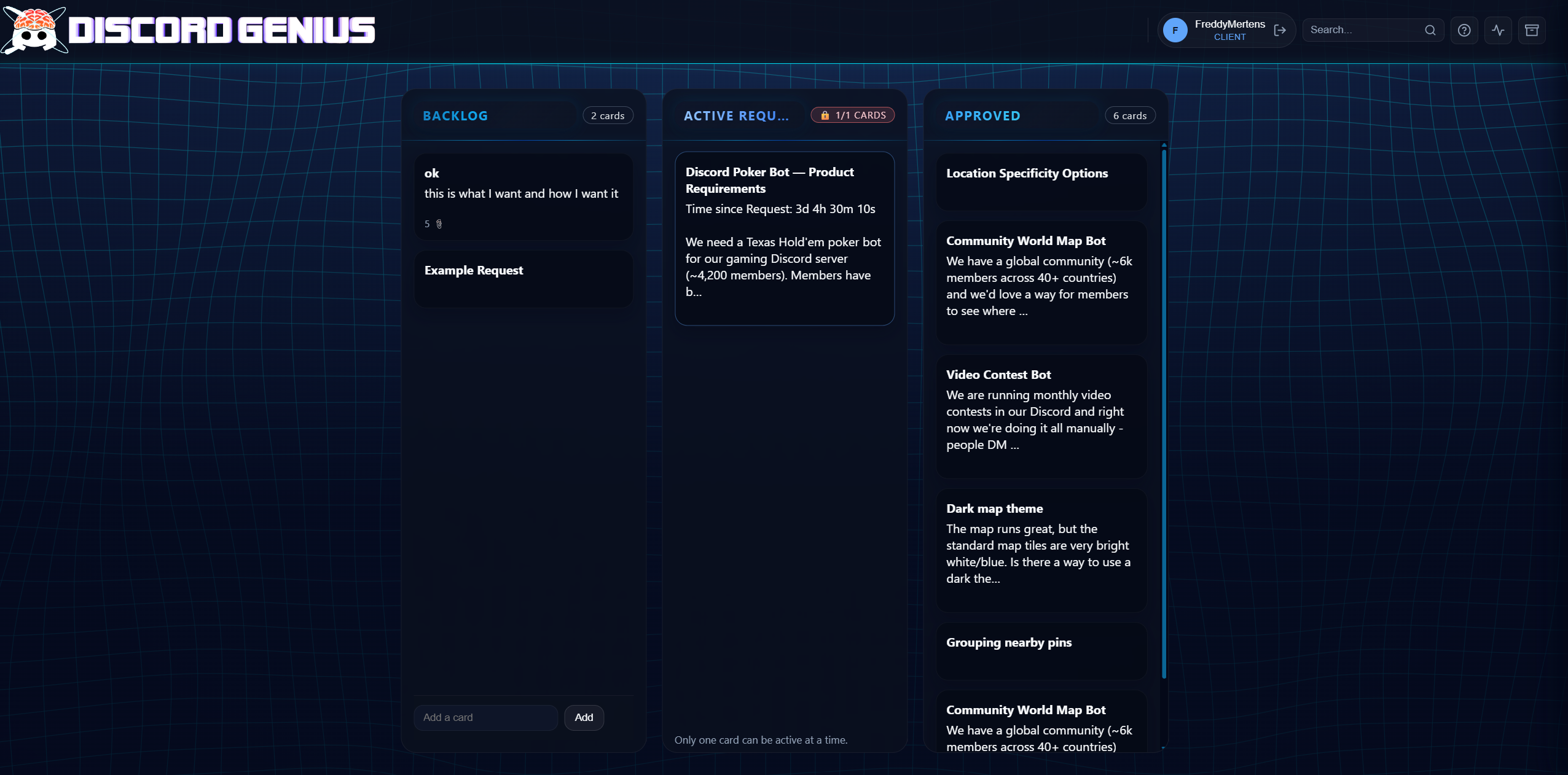 DiscordGenius board overview showing the Backlog, Active Request, and Approved columns
