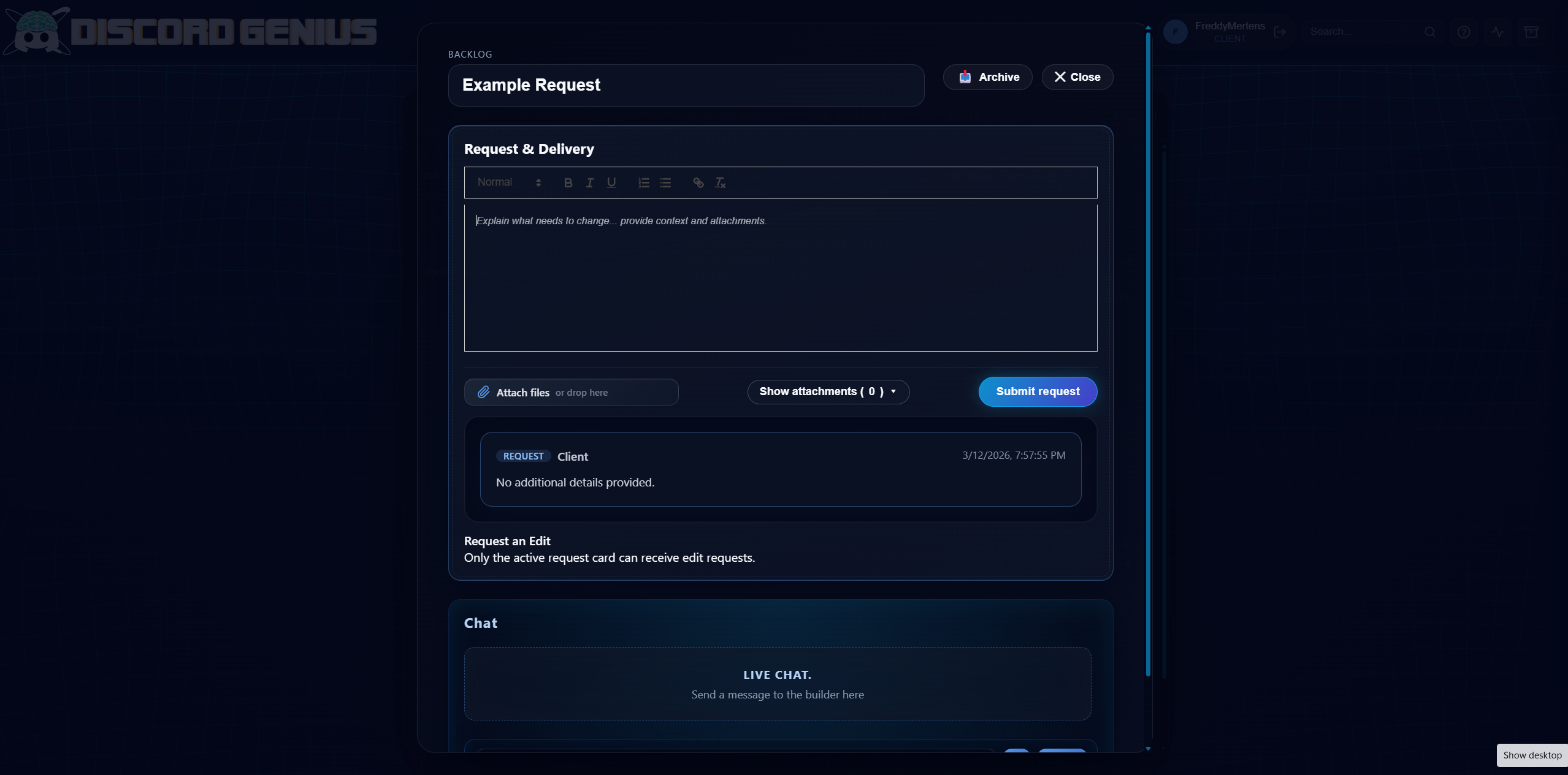 DiscordGenius request card showing the request editor, attachments area, delivery thread, and chat panel