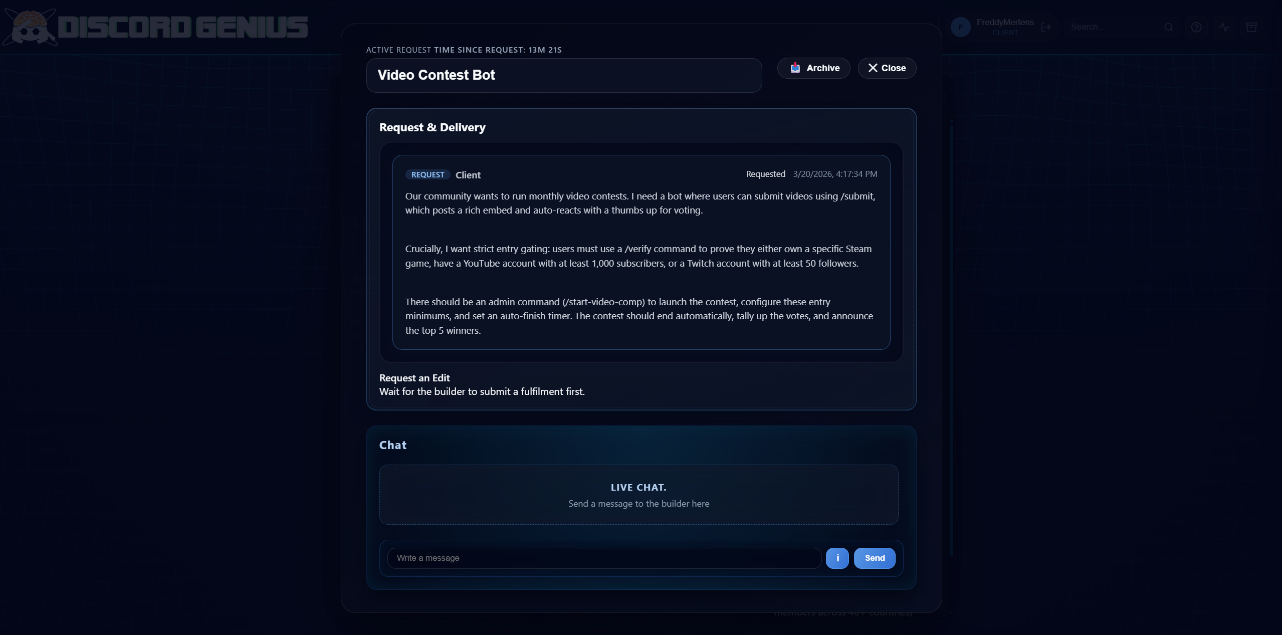 Screenshot of the Video Contest Bot request and delivery on the DiscordGenius portal