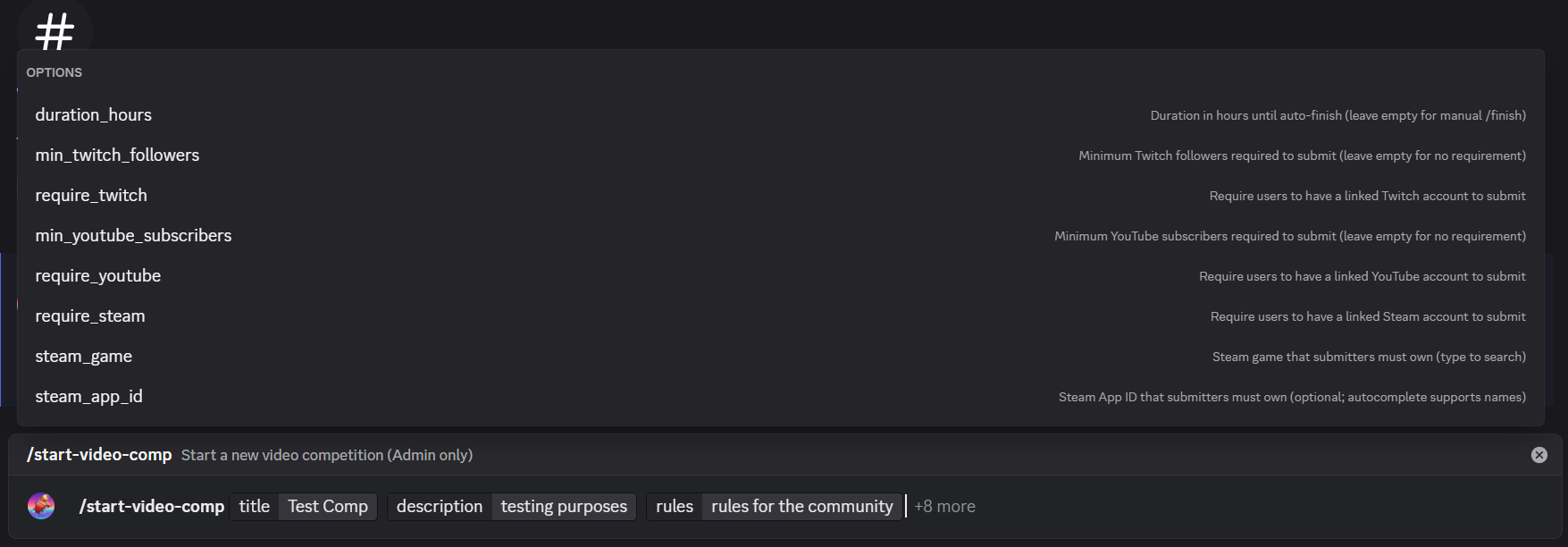 Starting a video contest command interface