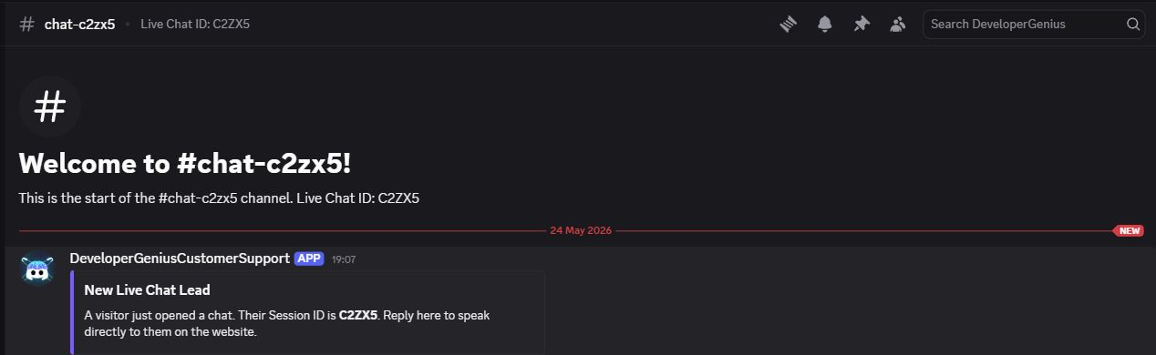 Discord channel created by the live chat bot for a website visitor session