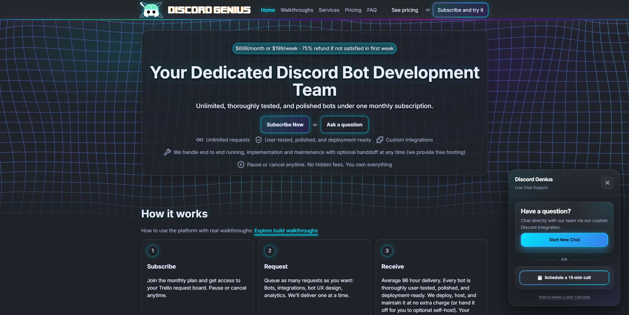DiscordGenius live chat widget showing the option to restore a previous chat