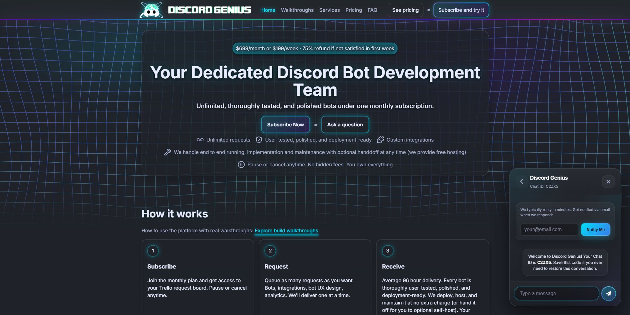 DiscordGenius website with the live chat widget open and a generated chat ID visible