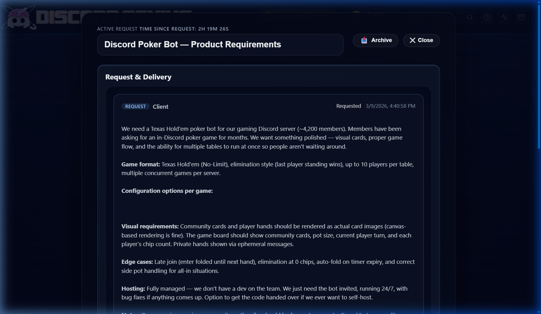 Screenshot of the Texas Hold'em Poker Bot PRD request on the DiscordGenius portal