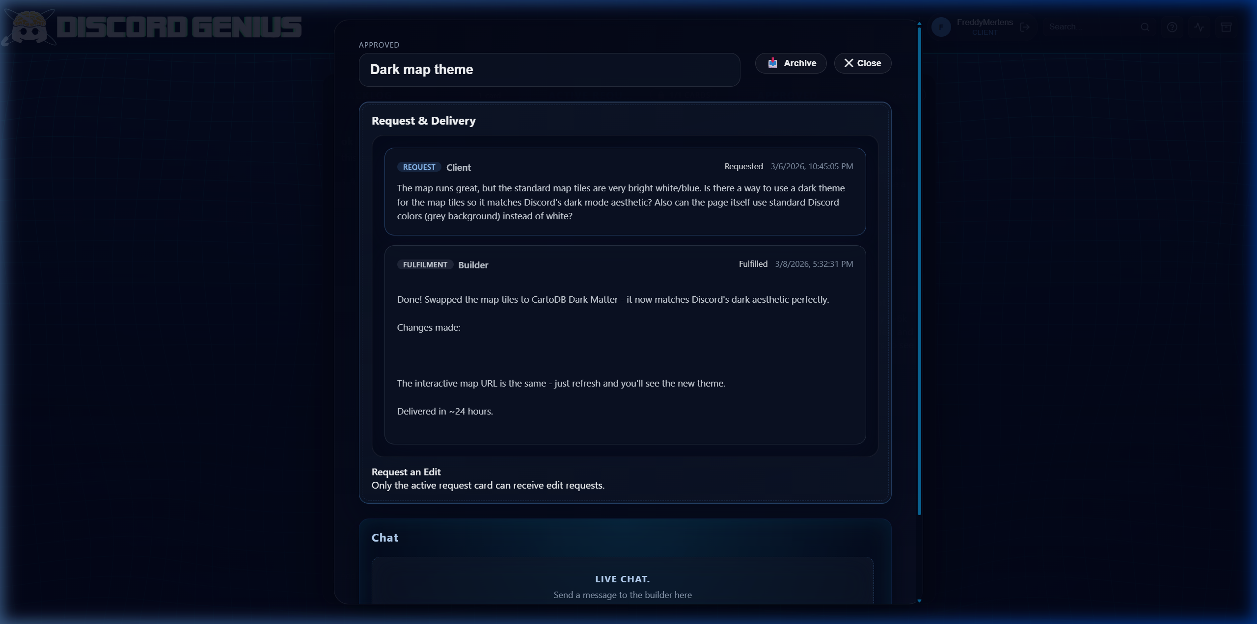 Screenshot of the Dark map theme follow-up request and builder fulfillment on the DiscordGenius portal