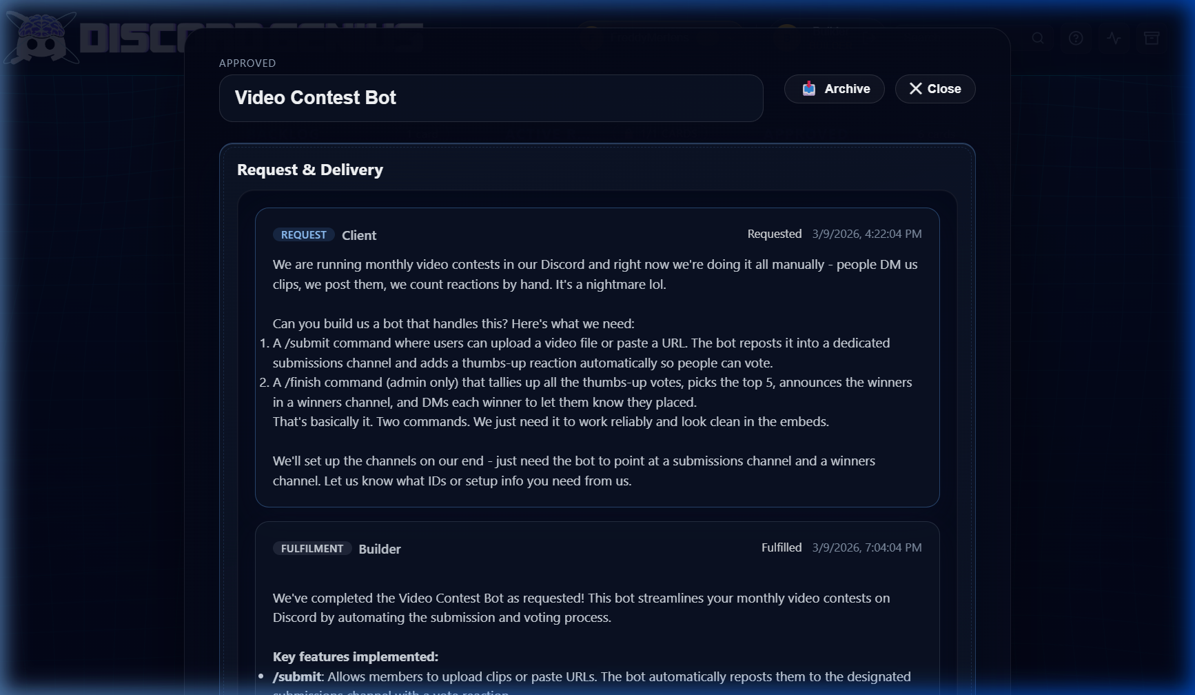 Screenshot of the Video Contest Bot request and delivery on the DiscordGenius portal